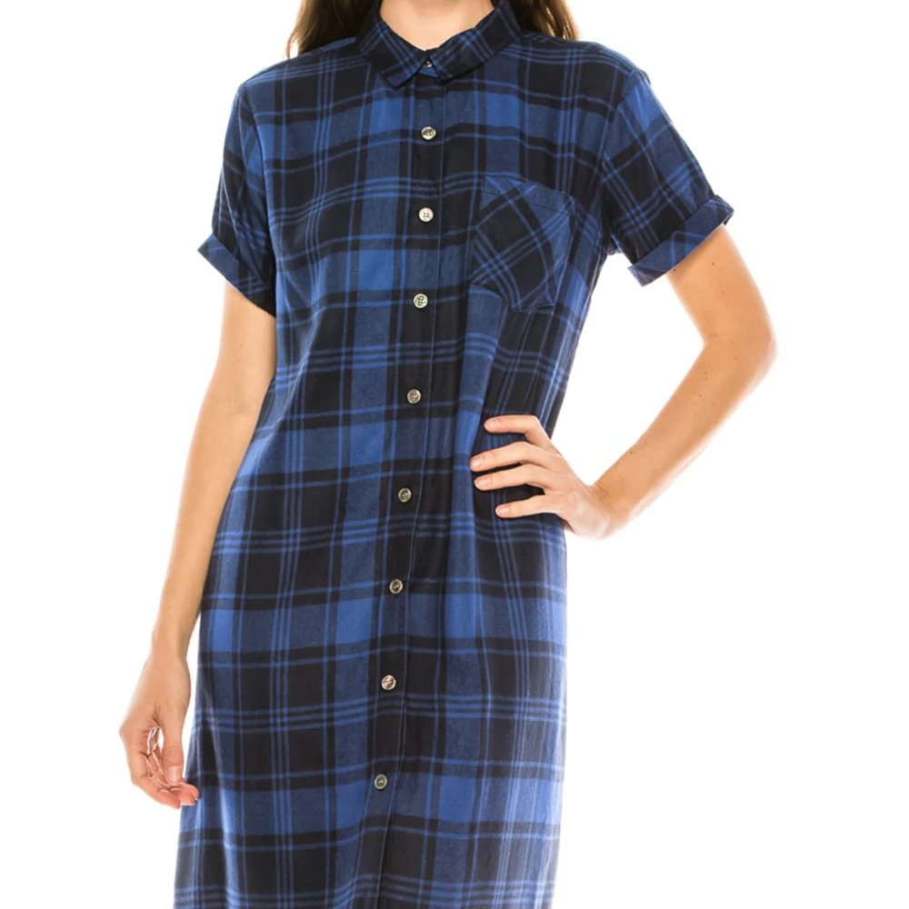 W.A.Y. Blue & Black Plaid Button-Up Shirt Dress / NWT/ MEDIUM